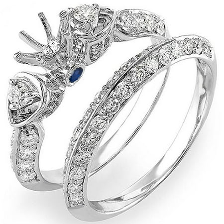 Semi Mount Bridal Sets (1.20 Carat (ctw) 18K White Gold Round Blue Sapphire & White Diamond Ladies Semi Mount Bridal Engagement Ring Set 1 1/4)