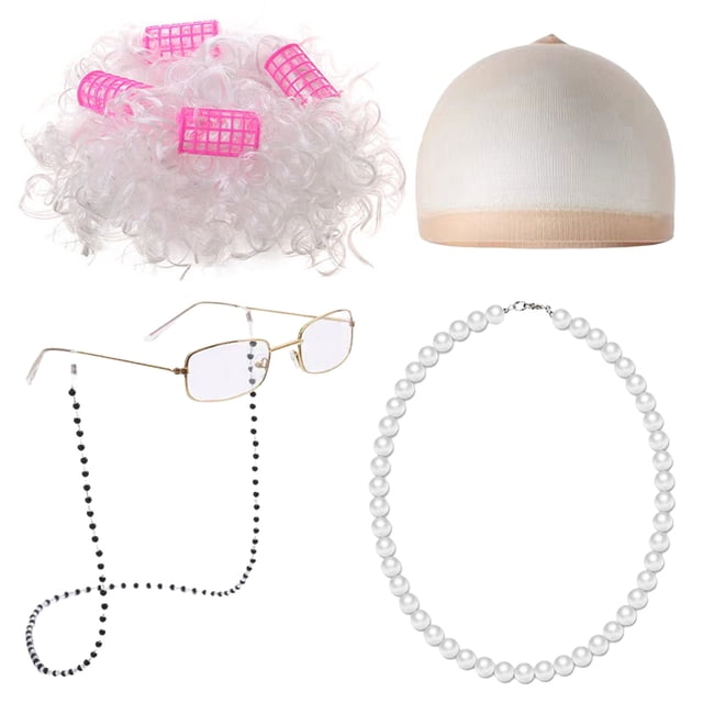 Disfraz de anciana para niños, disfraz escolar, peluca de abuela, accesorio para disfraz, rulos para disfraz de anciana