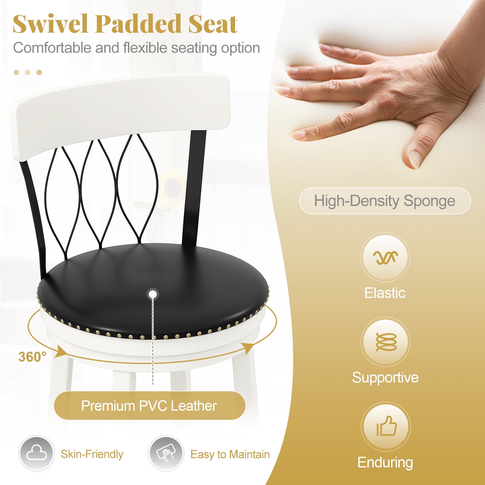 Gymax 26'' Set of 2 Bar Stools w/ Footrest Rubber Wood Frame & Tufted Rivets