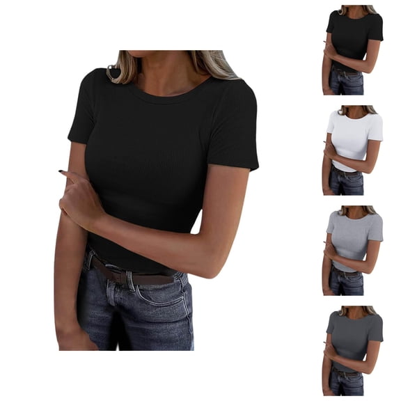Basic T Shirts for Women 2026 Summer Short Sleeve Crewneck Ribbed Slim Fit Plain Tshirt Undershirts