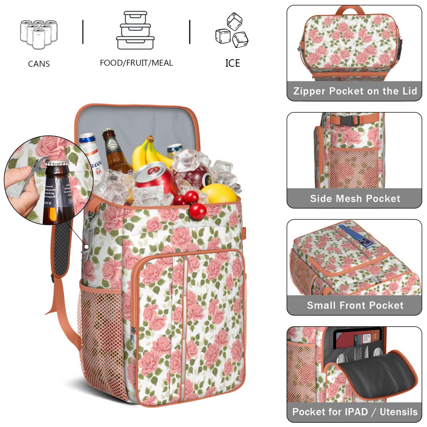 Travel Cooler Bag - Pioneer Flower Floral Print Pattern Camping Beer Cooler Backpack with Bottle Opener- Waterproof Insulated Picnic Backpacks - Cooler Bag for Beach