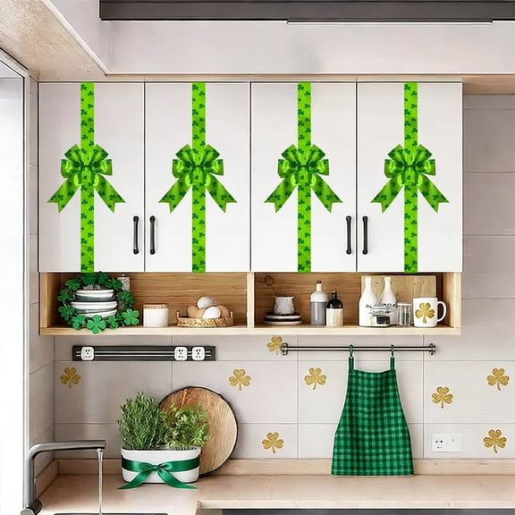St Patricks Day Decorations, St Patricks Day Bow Decoration For Kitchen Cabinet, Shamrock Decorations, Green Four Leaf Clover Bow, St. Patrick's Day Cabinet Door Hanging Ornament