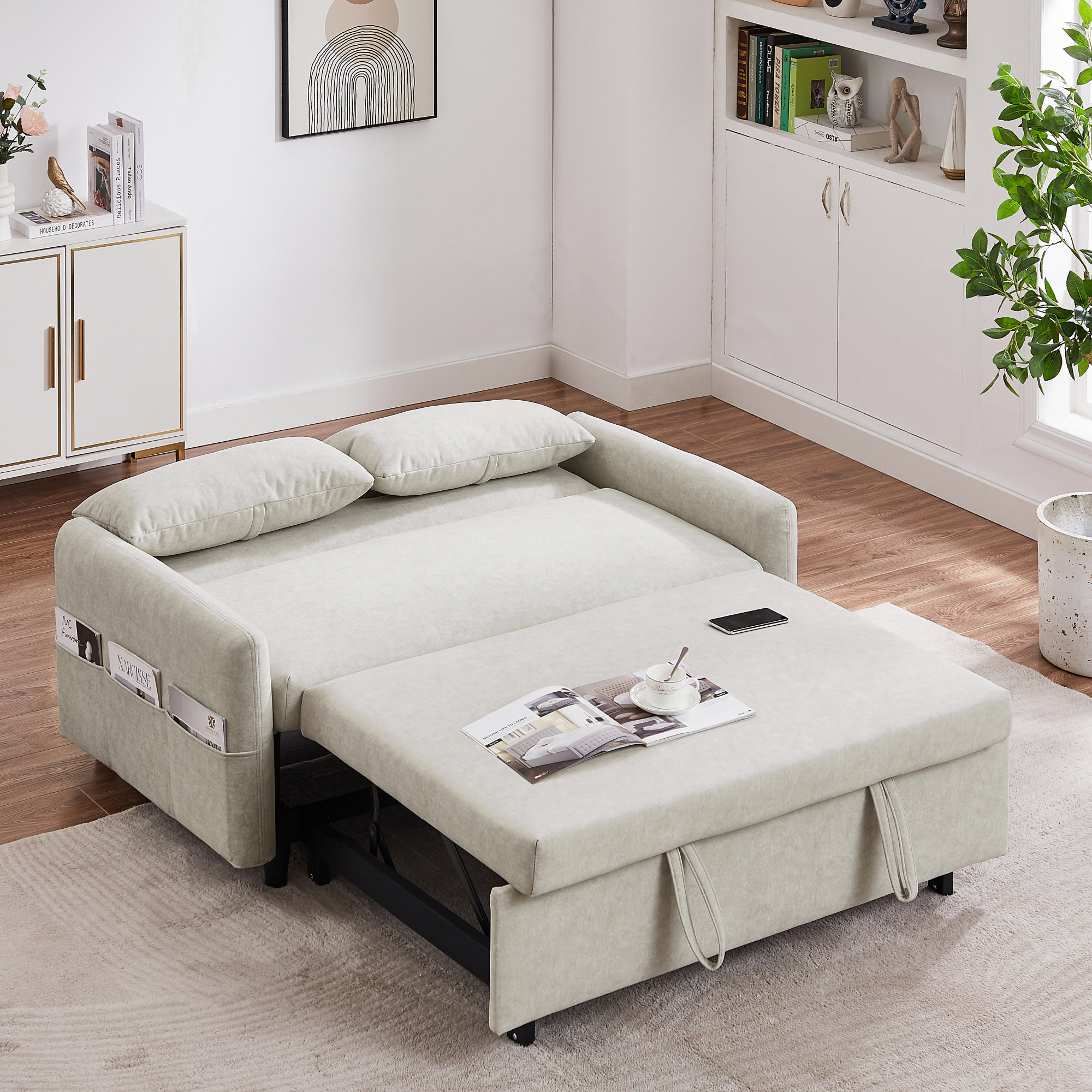 DEALTOPS 55.1" Sofa Bed with Pull Out Sofa Bed Sleeper Sofa Couch Adjsutable Backrest Loveseats Couches for Living Room - Beige