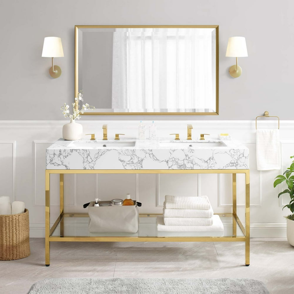 Modway Kingsley 60" Gold Stainless Steel Bathroom Vanity in Gold White