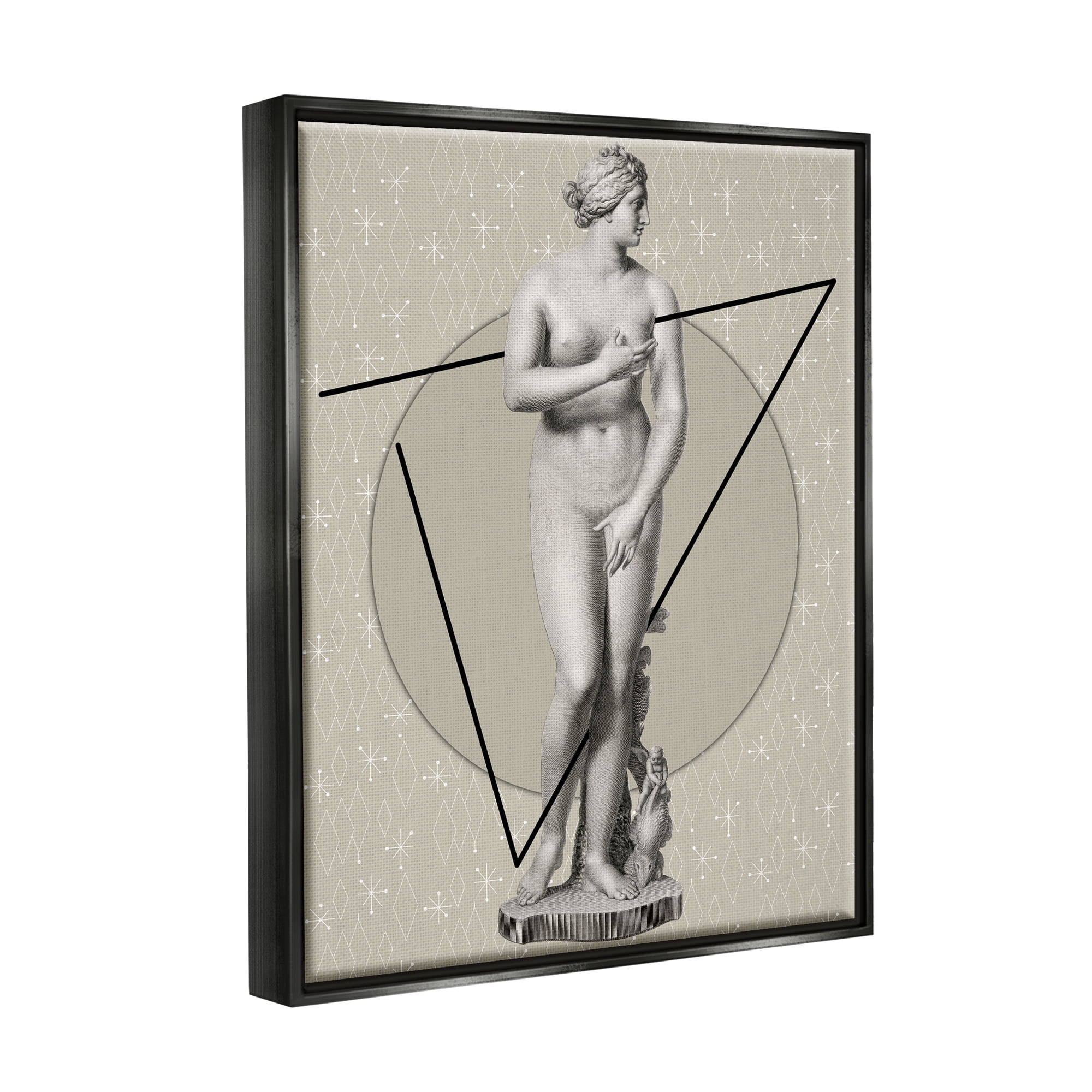 Stupell Industries Classic Statue on Geometric Abstract Painting Black Floater Framed Canvas Art Print Wall Art, 17 x 21