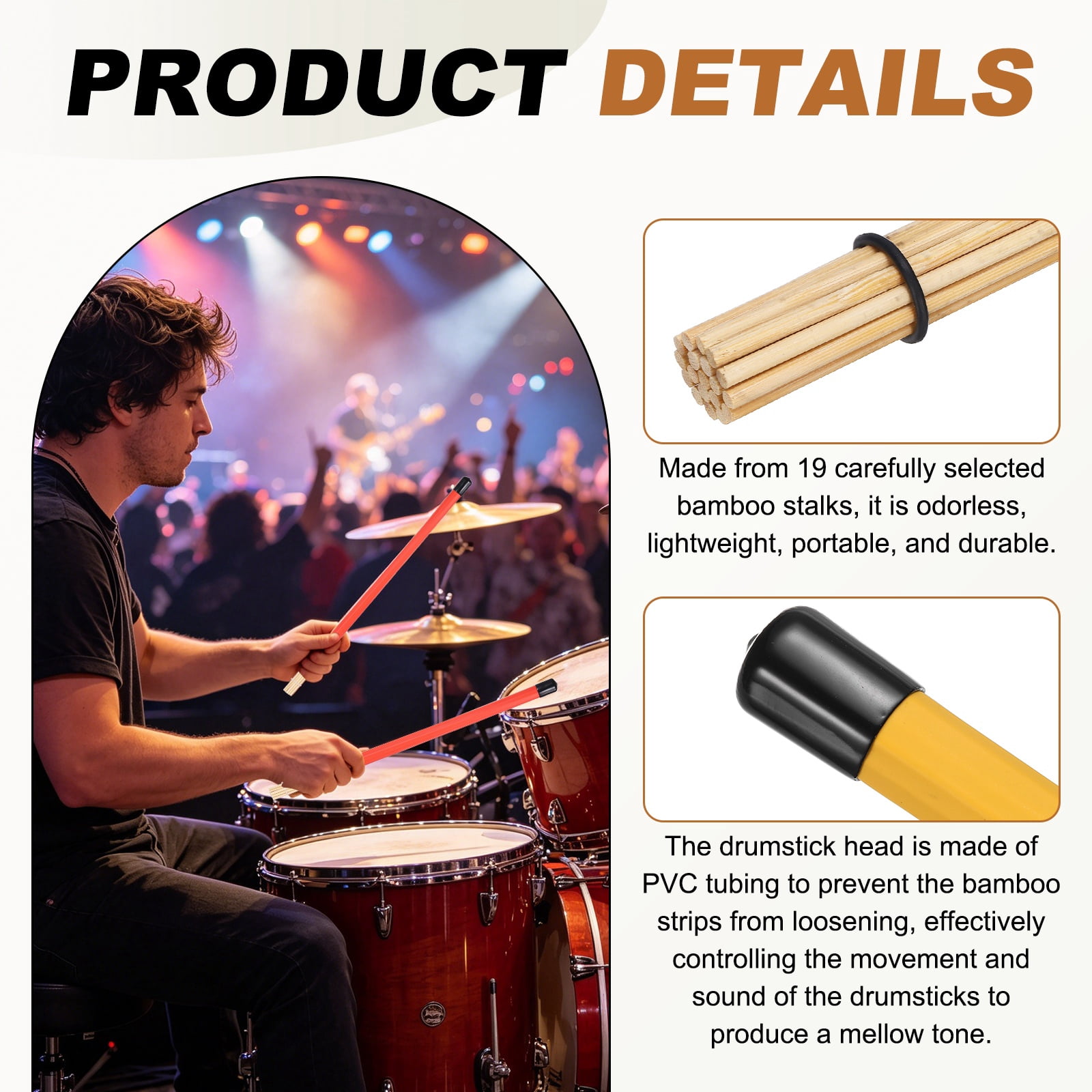 Uxcell Jazz Drum Sticks, 2 Pair Bamboo Rods Drum Brushes 19 Bundles Drumsticks for Jazz Folk Acoustic Performance Small Venue, Yellow(All Inclusive)