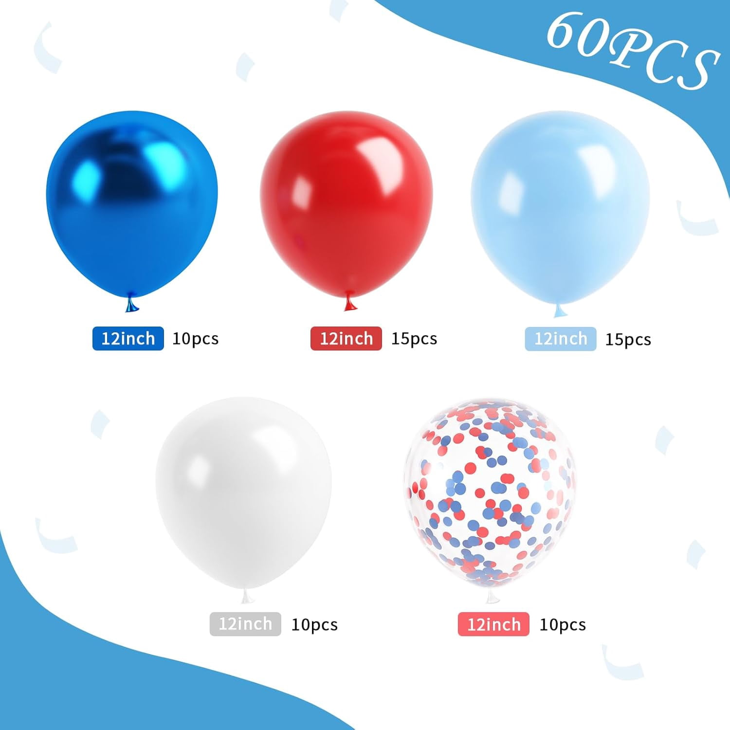 Red Blue White Balloons, 60 Pcs 12 Inches Red White Blue Balloon Set, Blue and Red Party Balloons for Boys Kids Birthday Shower Graduation Party Decorations