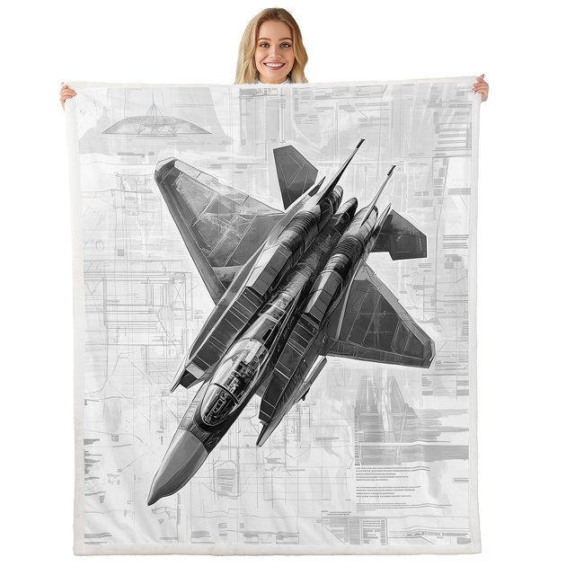 Erosebridal Cartoon Fighter Aircraft Fleece Blanket 90x90, Transportation Theme Sherpa Throw, Grey, Microfiber