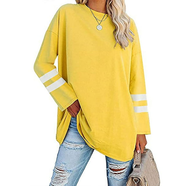 Fashnice T-shirt pour Femmes à Col Rond T-shirt à Manches Longues Tee Tunique Ample d'Automne Blouse Jaune m