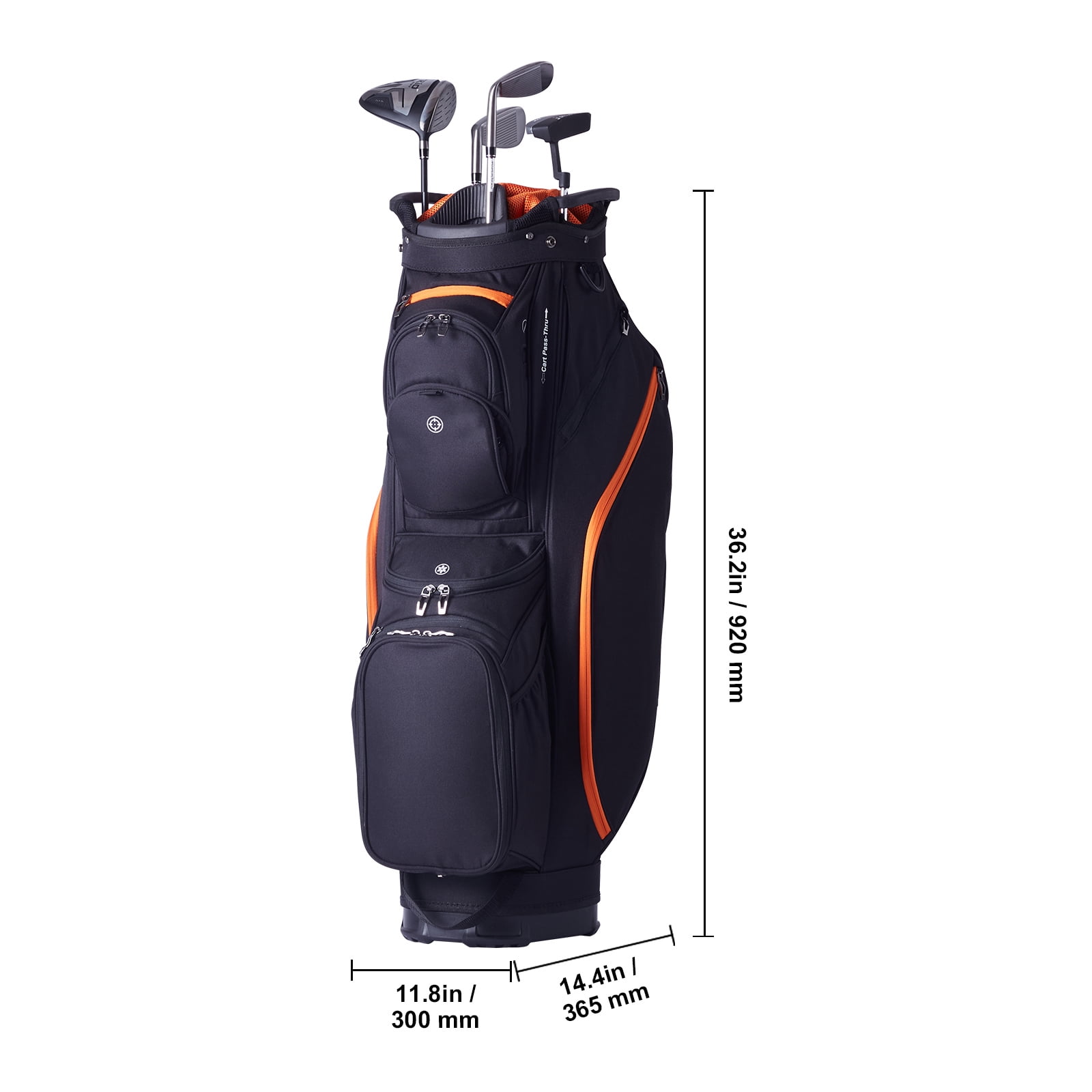 KFFKFF Golf Equipment Bag, 14 Compartments, 36” with 13 Storage Spaces, Robust Golf Gear Bag, Includes Handles, Dust Protector & Removable Straps, Suitable for Both Genders, Black & Orange