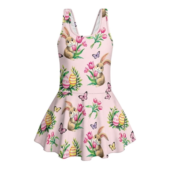 COEQINE Girls One Piece Swimsuit with Skirt Sleeveless Cute Skirted Bathing Suit Hawaiian Swimwear for Kids 3-4 Years, Summer Swim Dress for Water Play, Easter Bunny Egg Tulip Pink