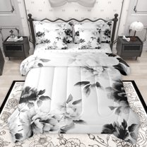 Feelyou Grey Fashion Flower Bedding Comforter Set 7 Pieces, Watercolor Floral Full Bedding Set, Teens Adult Women Girls Reversible Fitted Sheet Flat Sheet, Ultra Soft Bedroom Decor