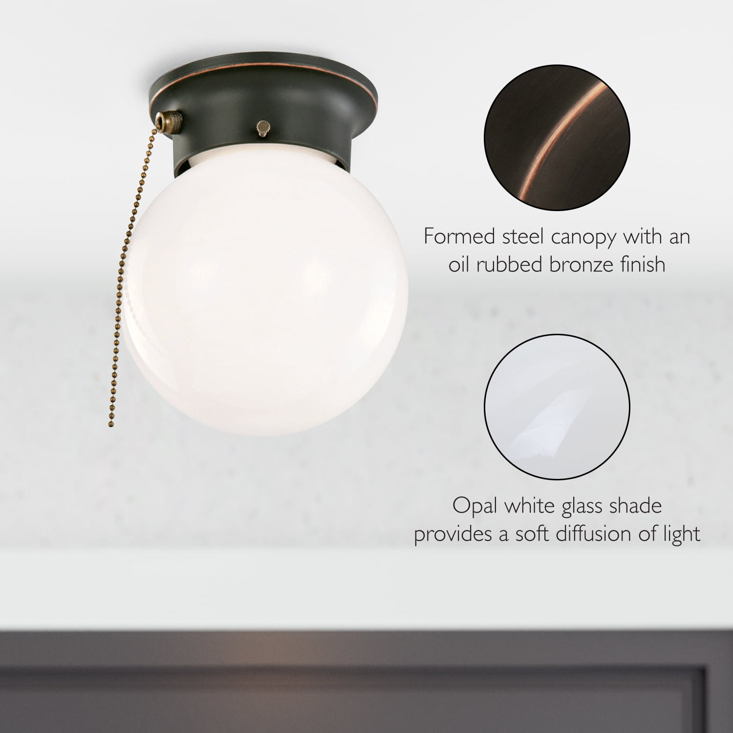 Design House 589275-ORB Traditional 1-Light Indoor Ceiling Flush Mount With Pull Chain Dimmable Globe Light Opal Glass for Bedroom Hallway Kitchen Dining Room Closet, Oil Rubbed Bronze