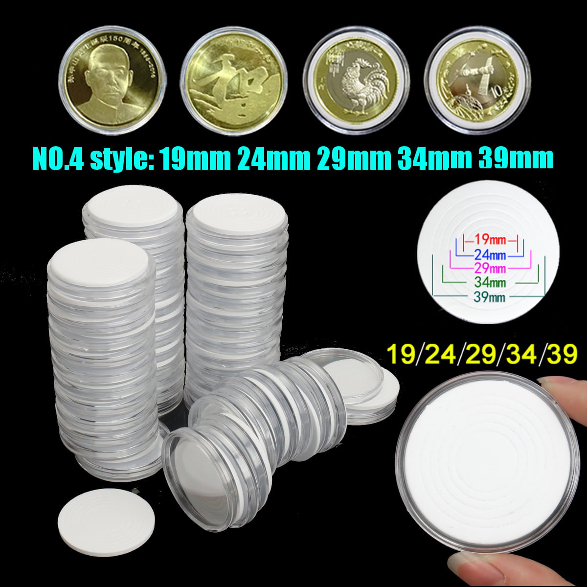 50Pcs Clear Polystyrene Capsules with Coin Holders Case Adjustable for 19 to 