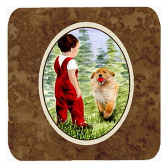 Little Boy With His Golden Retriever Foam Coasters, Set Of 4