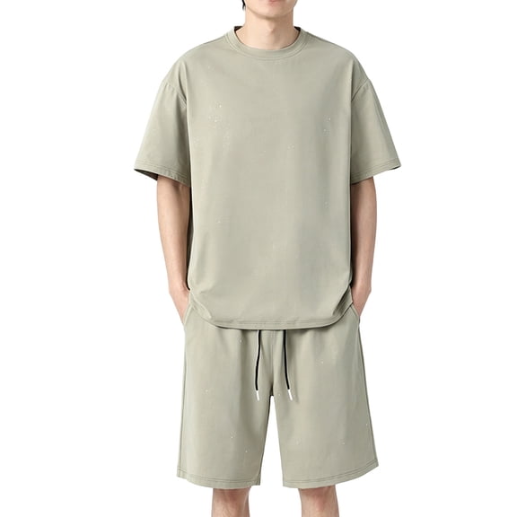 USNSM Men's Summer 2 Piece Outfits, Ice Silk Thin Loose Crewneck Shirts and Shorts Loungewear Tracksuit Sets with Pockets Green M