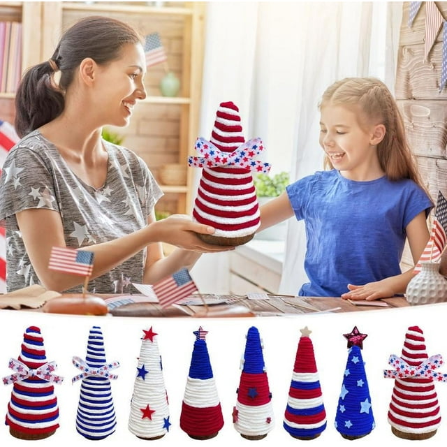 Independence Day Patriotic Wood Conical Table Decorations for Party, 4th of July Cones Trees Red White Blue, American Flag Tabletop Ornament for Memorial Table Centerpieces Tiered Tray Gifts (G)