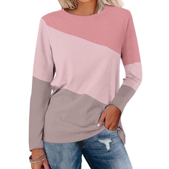 Pisexur Hauts d'Automne pour Femmes Mode Patchwork Colorblock Col Rond Sweat-Shirts Décontractés Manches Longues Légères Confortables Hoodies Pull-Over Sweat-Shirts Surdimensionnés S-3TG