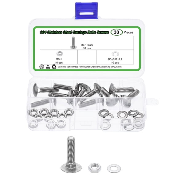 10 Set Carriage Bolts and Nuts Kit, M6-1.0x25 Stainless Steel 304 Round Head Square Neck Carriage Bolts Screws and Hex Nuts and Flat Washers - Silver
