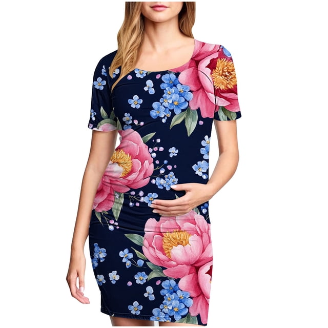 Taqqpue Robe de Maternité pour Femmes à Manches Courtes, Col Rond, Moulante, Invitée de Mariage, Grossesse, Imprimée, Ajustée, Extensible, Vêtements de Maternité, Été, Bohème, Séance Photo de Baby Shower