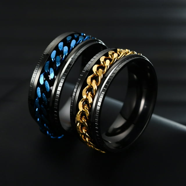 Trayknick Men Ring Simple High Polished Fashion Jewelry Rotating Chain Inlaid Finger Ring for Party Blue US 11