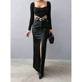 thumbnail image 6 of Women'S High Waist Front Slit Pure Color Simple Style Leather Pencil Skirt Bodycon Midaxi Black S, 6 of 9