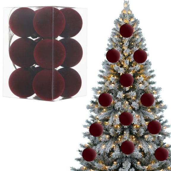 Velvet Christmas Ornaments 12 PCS Christmas Large Velvet Balls Ornaments Shatterproo Tree Hanging Plastic Ball Set Xmas Bulk Flocked Ornaments for Christmas Tree Home Party Wreath Decorations(Red)