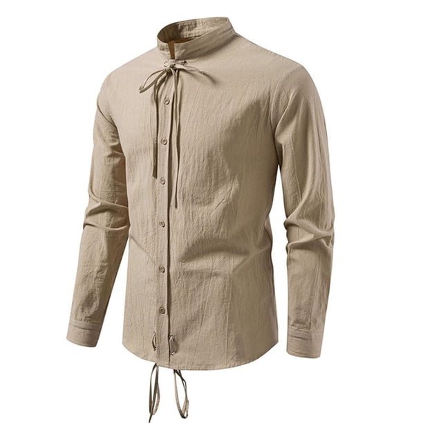 pstuiky camisa de manga larga para hombre, Top informal de manga larga con cuello alto y botones con cordón para hombre, de color liso y moderno Tops de hombre m