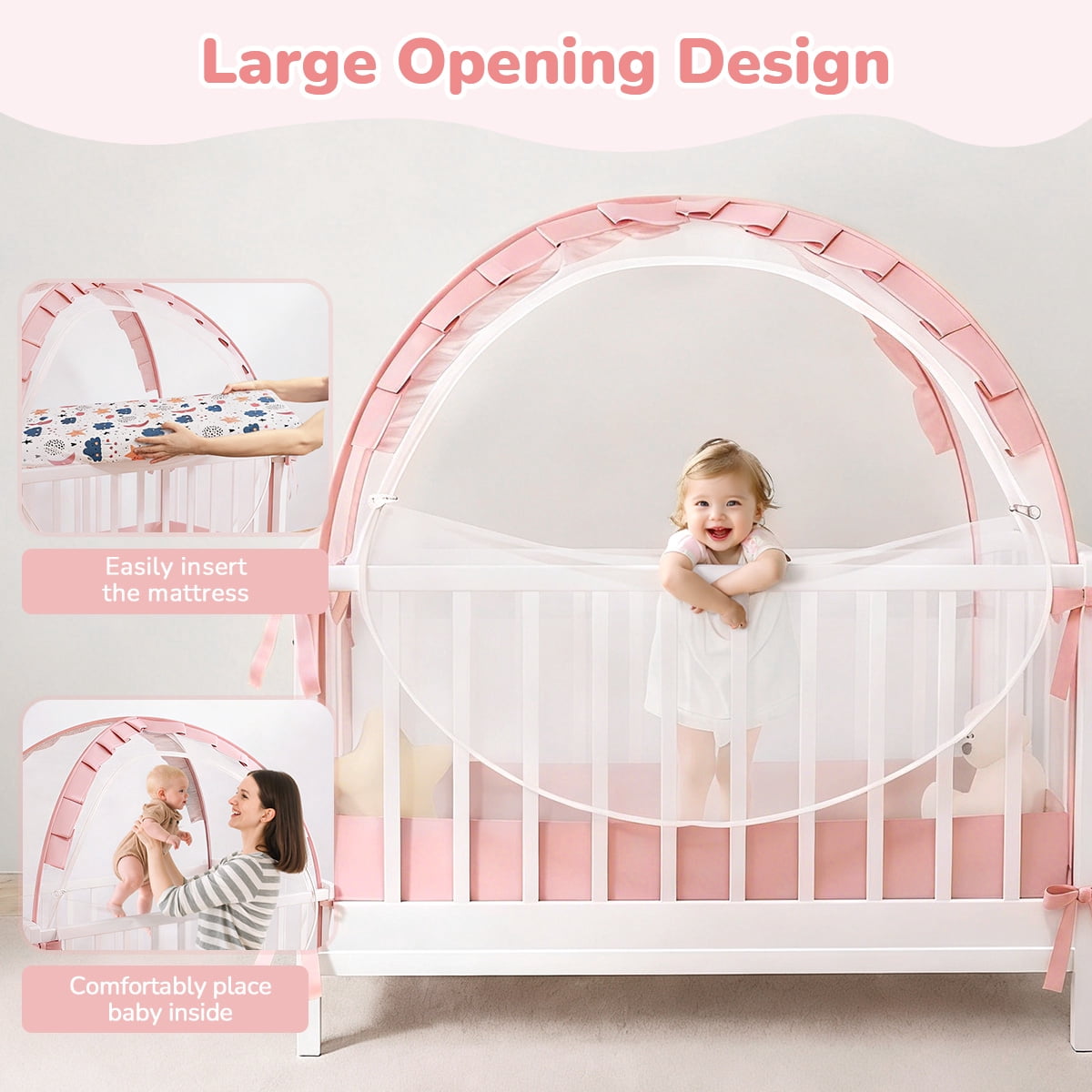 Crib Tent for Baby, Caveen Baby Crib Cover, Pop up Crib Canopy with Auto-Lock Zipper, Large Opening and Space, Portable