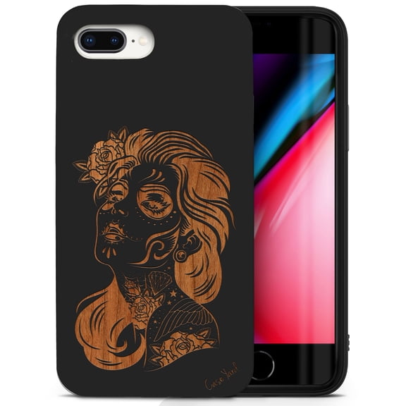 Case Yard Wooden Case for iPhone-8-Plus Soft TPU Silicone cover Slim Fit Shockproof Wood Protective Phone Cover for Girls Boys Men and Women Supports Wireless Charging Sucra Donna Day of Dead Design