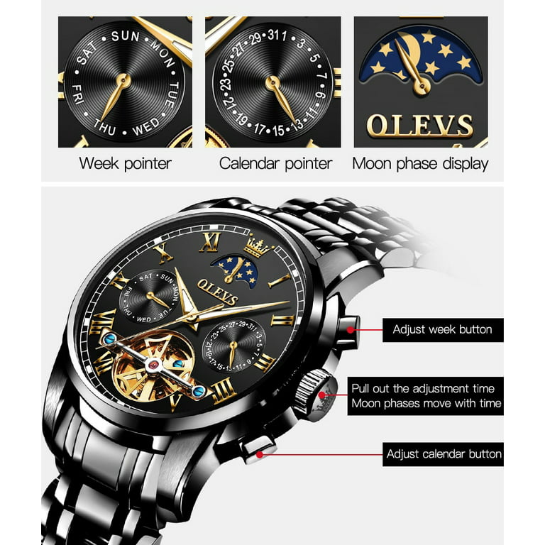 OLEVS Men Automatic Watches Skeleton Tourbillon Mechanical Self-Wind Luxury  Dress Wrist Watch Moon Phase Waterproof Watch Black