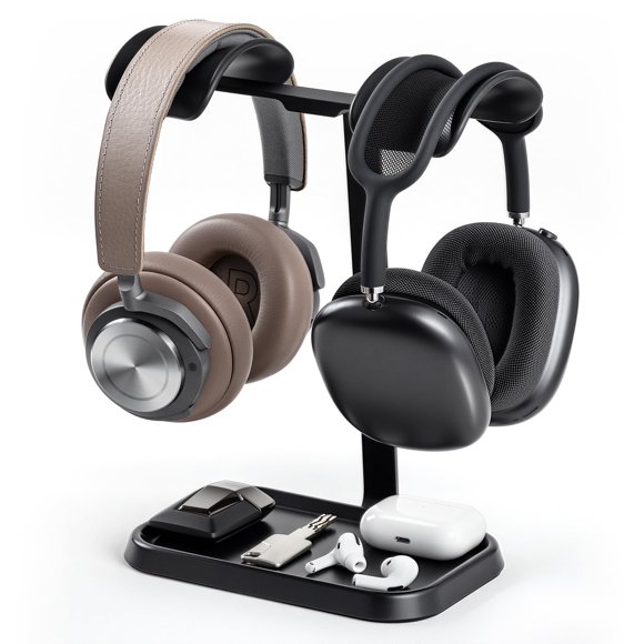 Dual Headphone Stand, Double Balanced Headset Stand with Storage Tray, Heavy Base Gaming Headset Holder for Desk (Black)