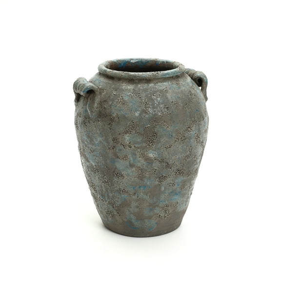 LuxenHome Antiqued Blue & Brown Terracotta Vase with Handles, 12" Tall Farmhouse Vintage Pottery