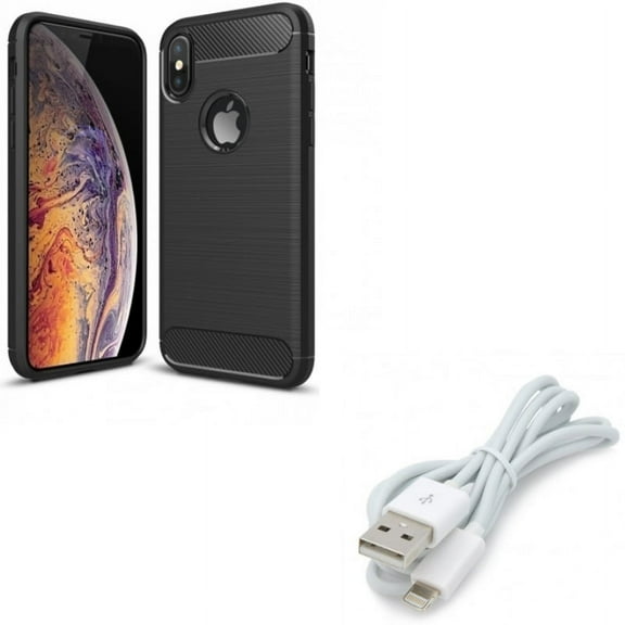 Case w USB Cable for iPhone XS/X - Carbon Fiber Slim Fit Cover Reinforced Bumper Shock Absorbent, Charger Cord Power Wire Sync Fast Charge for iPhone XS/X