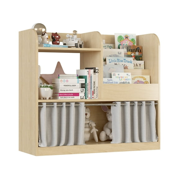 5-Tier Kids Bookshelf with Curtain - Toy & Book Organizer for Nursery, Living Room & Kids Room (Burlywood)