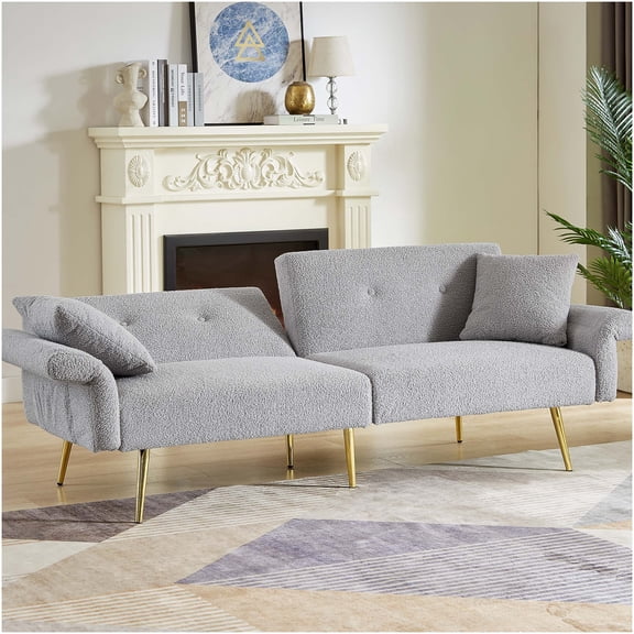 Grey Teddy Upholstered Loveseat Sleeper Sofa with Adjustable Backrest & Golden Legs, Modern Convertible Sofa Bed with Side Pocket for Small Spaces
