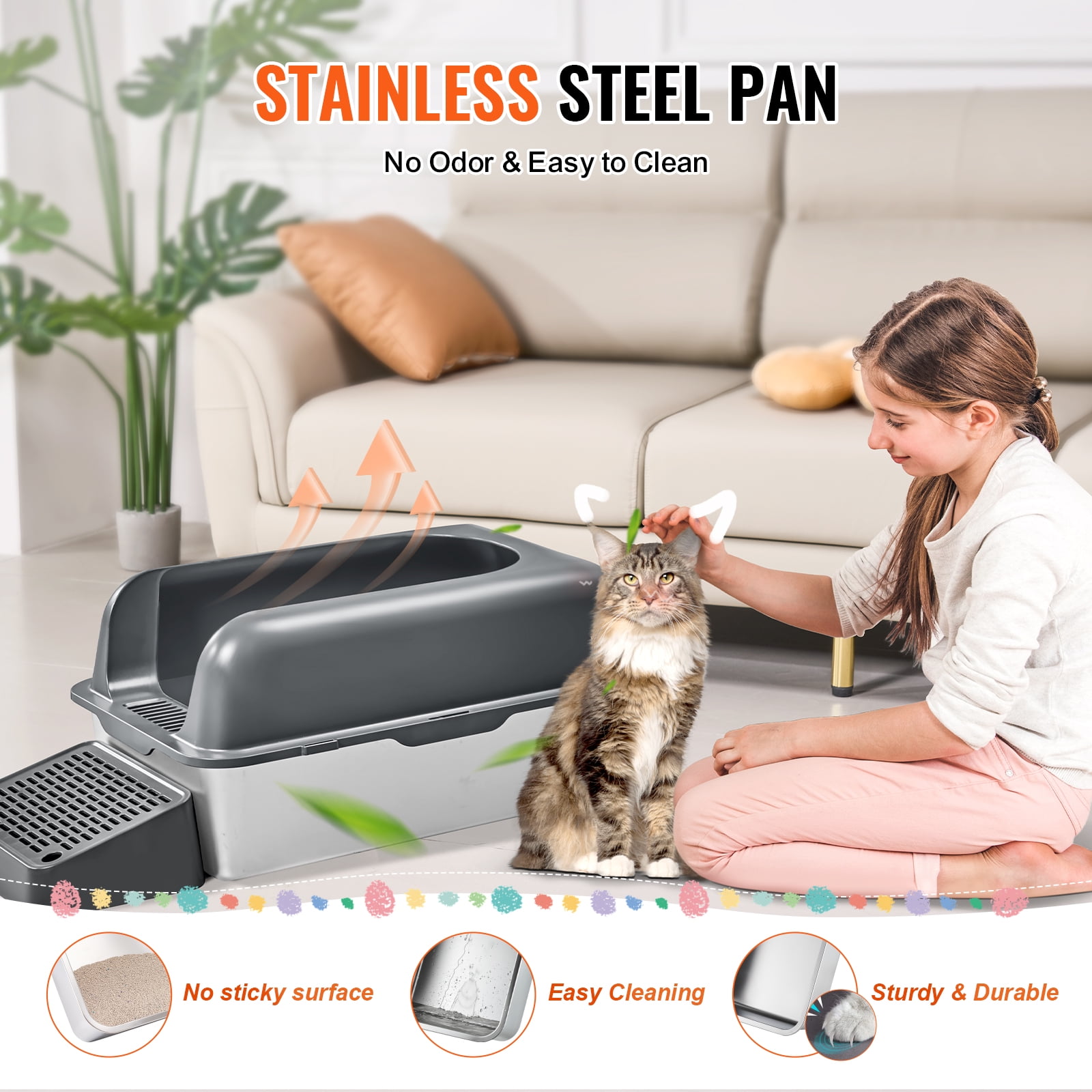 KFFKFF Extra Large Stainless Steel Cat Litter Box, 6-Inch Deep Design with Scoop, High Sides & Wide Filtering Foot Board, Enclosed and Easy to Clean, Ideal for Large Cats