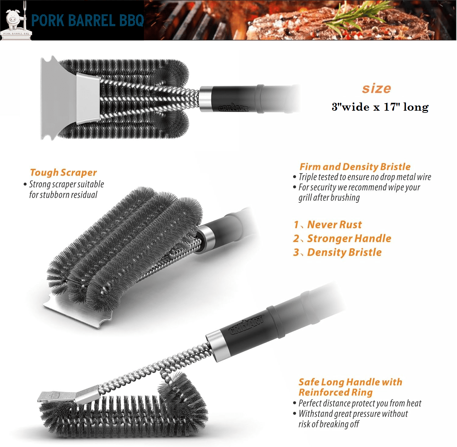 Pork Barrel BBQ Heavy Duty Grill Brush for Outdoor Grill - 3-in-1 Stainless Steel Wire Brush, Scraper & Grill Cleaner