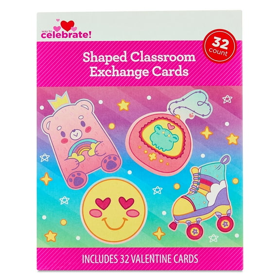Cute Shaped Classroom Exchange Cards, Multicolor, 32 Count, Valentine's Day by Way To Celebrate