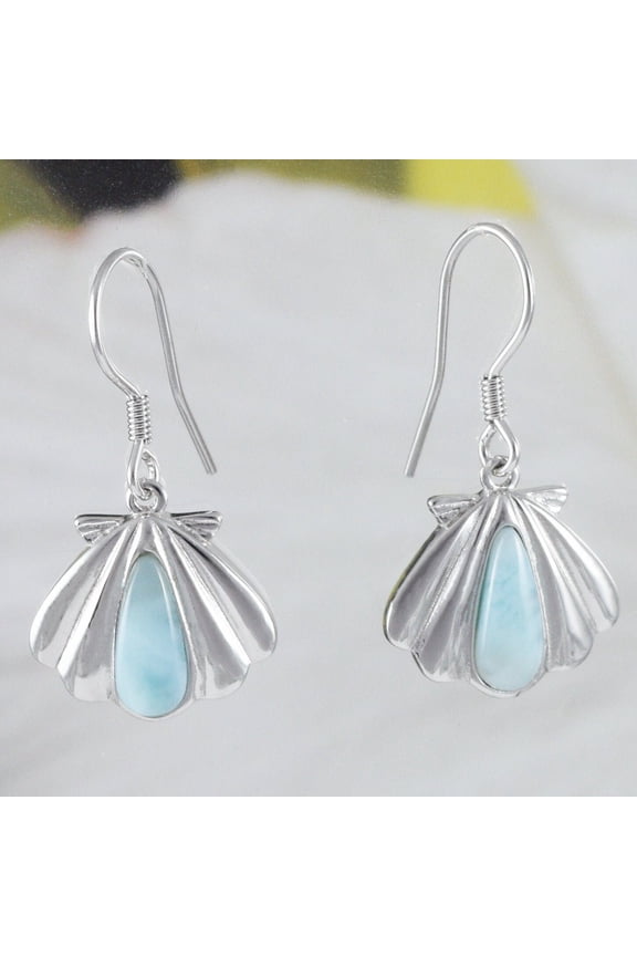 Unique Beautiful Hawaiian Genuine Larimar Seashell Earring, Sterling Silver Larimar Sea Shell Dangle Earring, E8476 Birthday Mom Gift