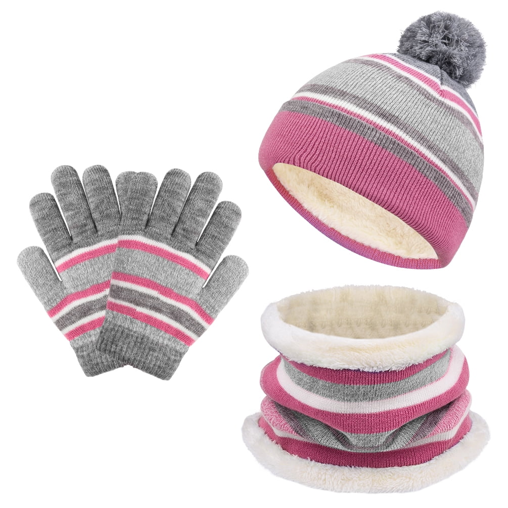 Girls Princess Pink Knitted Beanie Hat Glove Scarf Set Pink 3-6 Years 