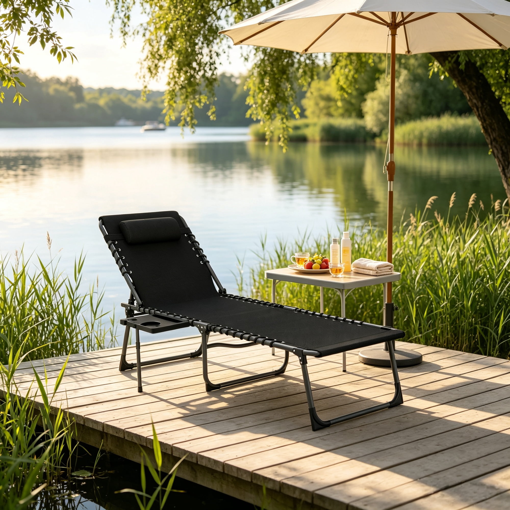 Outdoor Folding Chaise Lounge Chair, 5-Level Adjustable Tanning Chair, with Side Table, Pillow, Pocket, Black
