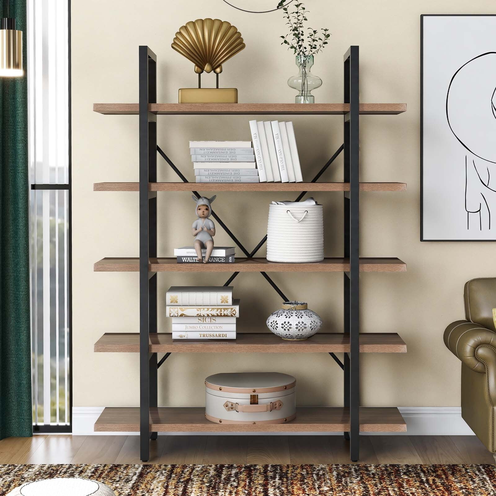 OVERDRIVE 5tier Industrial Bookcase with Rustic Wood and Metal Frame