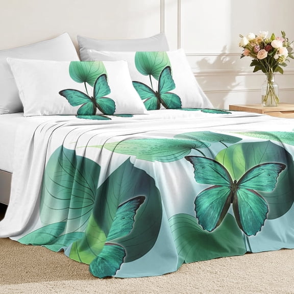 Flymme Twin Size Teal Butterfly Sheet Set, 4 Piece Tropical Botanical Print Bed Sheets, Soft Brushed Microfiber Bedding with Deep Pocket