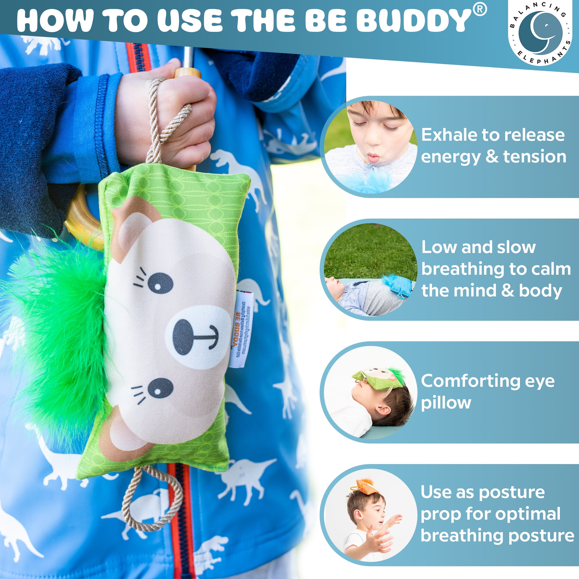 BE Buddy Multi-Sensory Weighted Stuffed Animal, Diaphragmatic Breathing Pillow & Lavender-Scented Eye Pillow for Kids | Calming Sensory Toys - Anxiety Relief, Stress Management | Blue