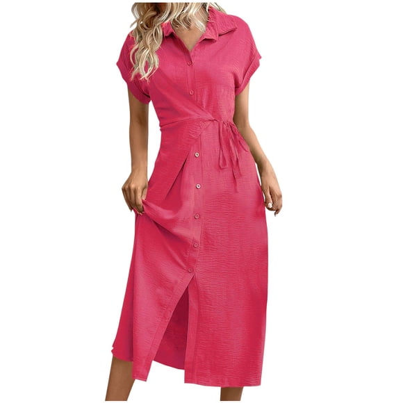 Clearance 2025! Grrvtrz Women's Summer Button Down Shirt Dress Collared Short Sleeve Tie Sash Taffeta Fit and Flare Midi Dress