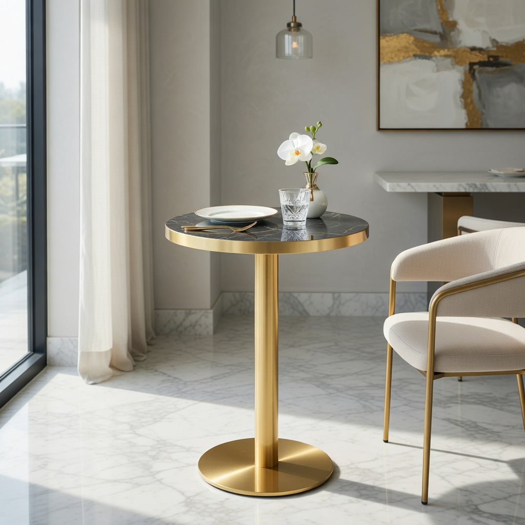 Hommoo Modern Round Bistro Table 23.6", Faux Marble Top with Stainless Steel Edge Banding & Heavy-Duty Metal Pedestal Base, High-Gloss UV-Coated Accent Table, Black & Gold