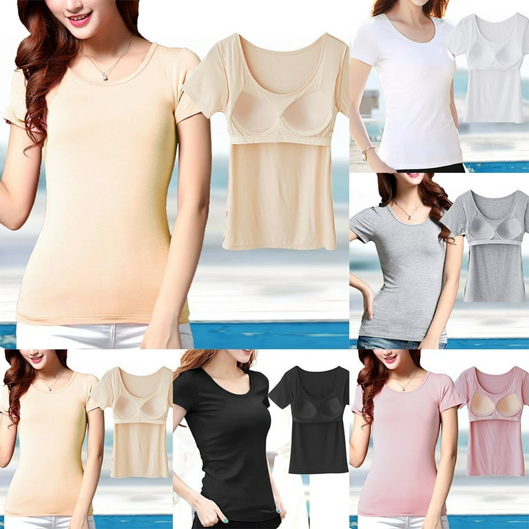 Ana Ladies Short Sleeve Tops With Built in Bra Women Push Up Padded Layer T  shirt