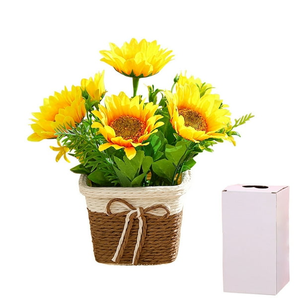Flores Artificiales para Decoración Adornos de Escritorio en Macetas,Estilo Rural Girasol Rosa Plástico Falso Verde Planta Mesa Decoración,7.48In