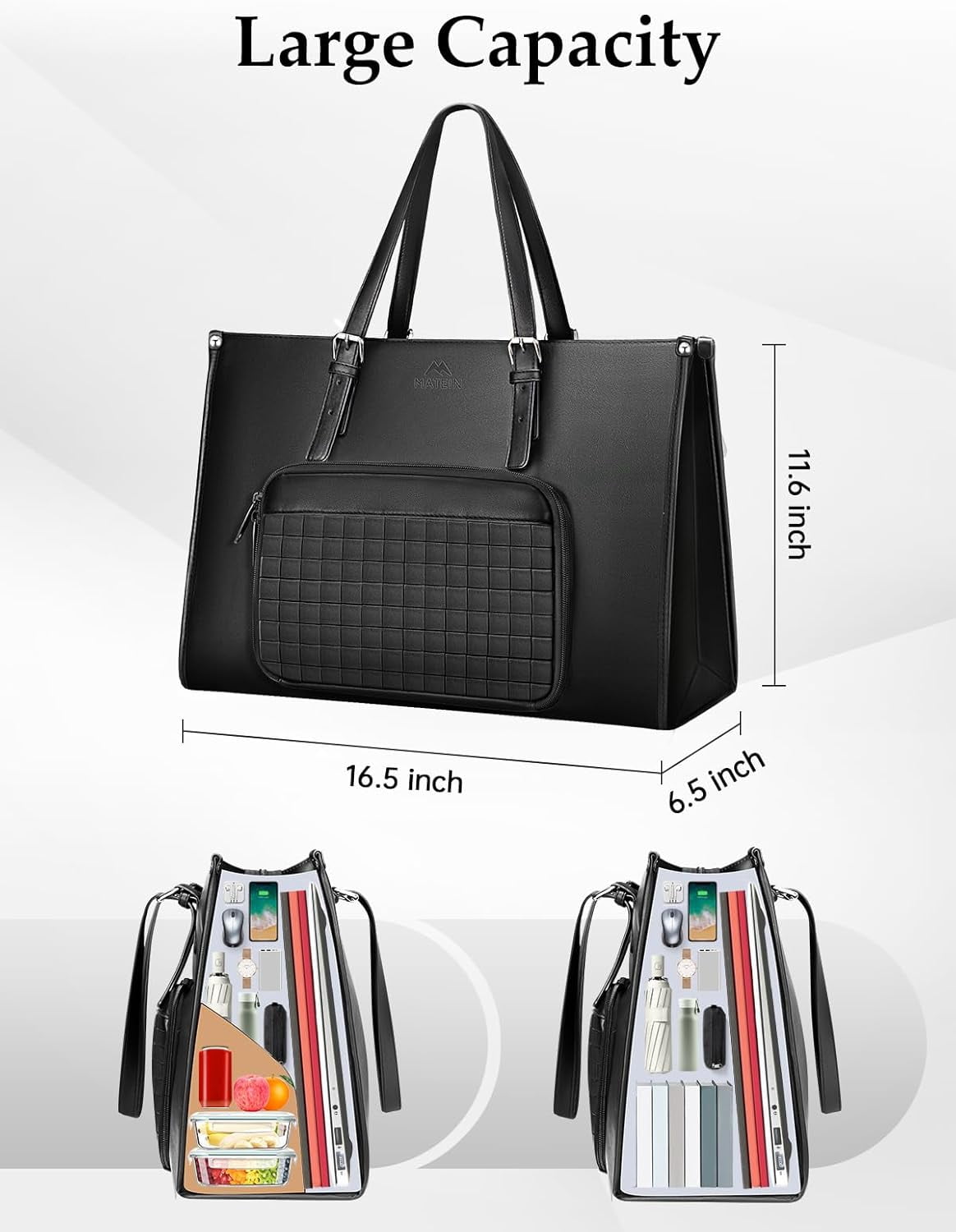 Matein Laptop Tote Bag with Insulated Lunch Compartment for Women Men, 15.6 inch Waterproof PU Leather Business Briefcase Handbag, Black
